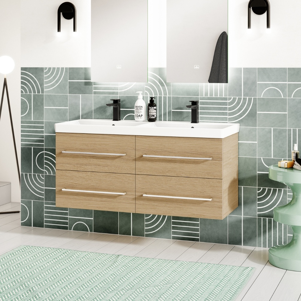 product lifestyle image of villeroy &  boch avento Kansas Oak 1200mm Vanity Unit and Double Basin A89300RH